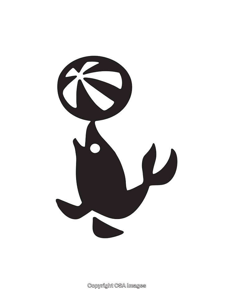 Seal Silhouette Balancing a Ball in Classic Black and White Line Art