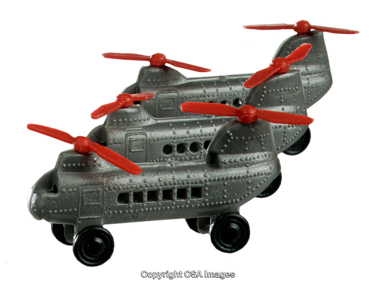 Three Gray Twin-Propeller Toy Helicopters Arranged in Alignment