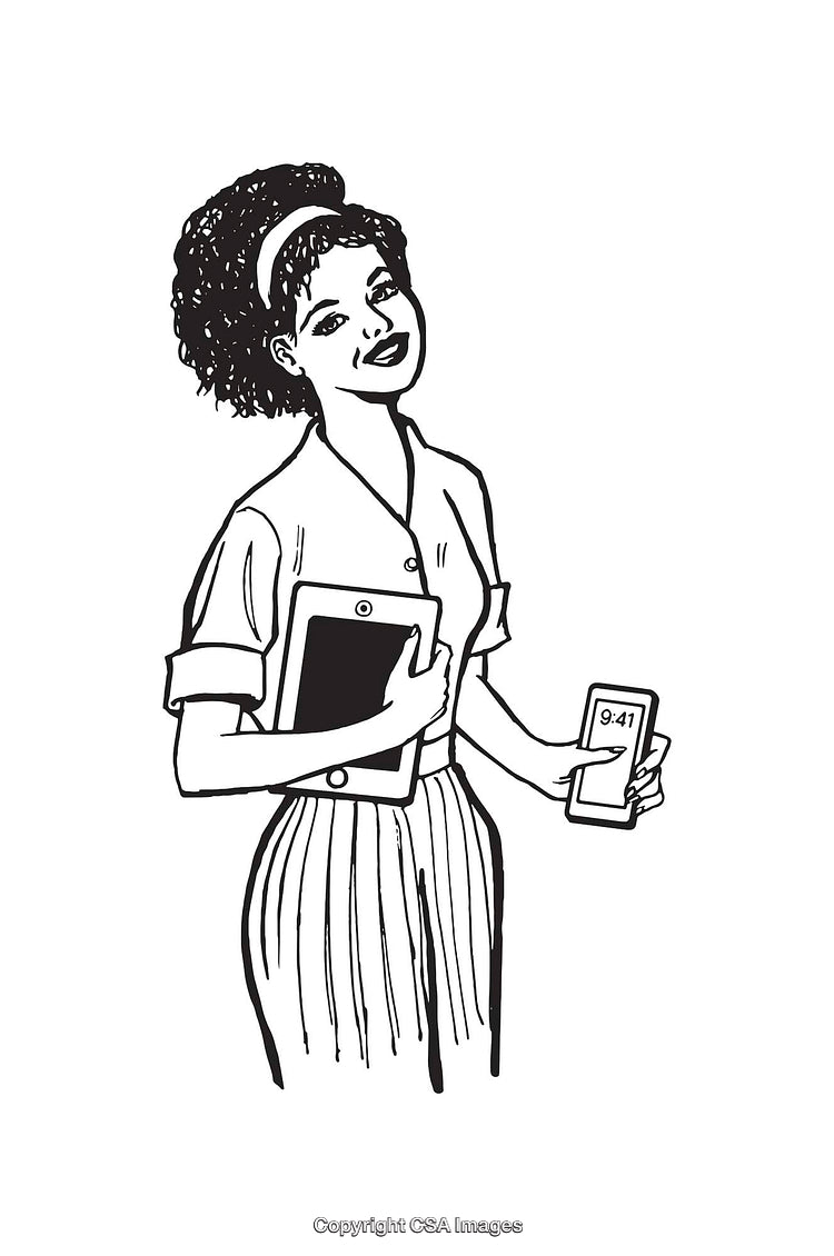 Black and White Line Art of a Smiling Woman Holding Devices