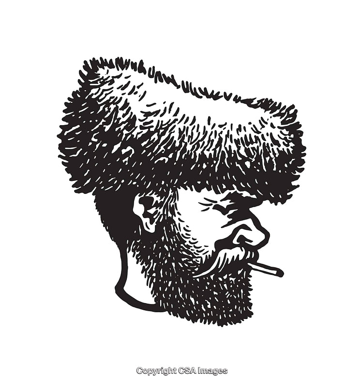 Black and White Illustration of a Bearded Man in Fur Hat