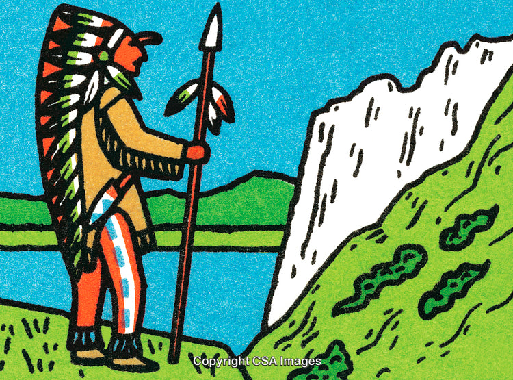 Illustration of a Native Figure by a Scenic Waterfall