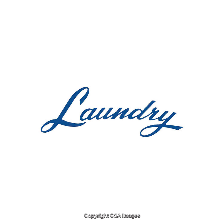 Blue Script Text Reading Laundry on a Plain White Background