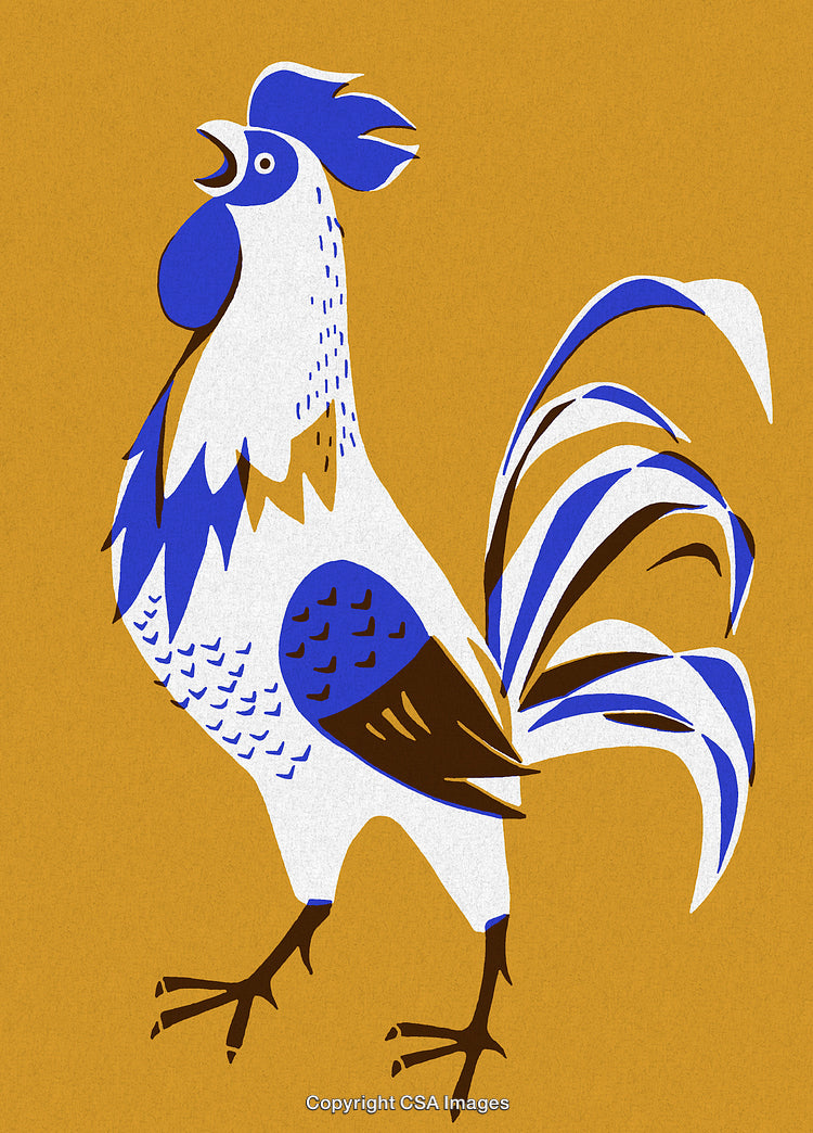 Colorful Decorative Rooster Illustration in Blue, White, and Yellow Tones
