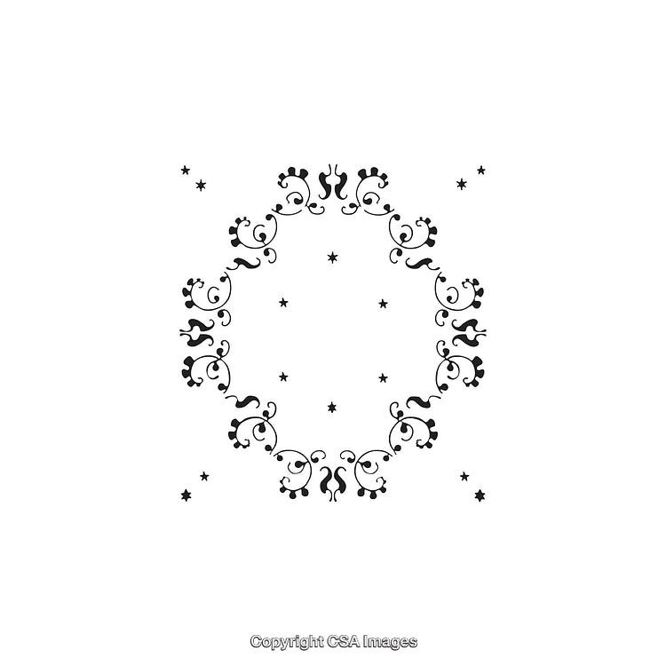 Black and White Decorative Circular Ornament Design with Floral and Star Motifs