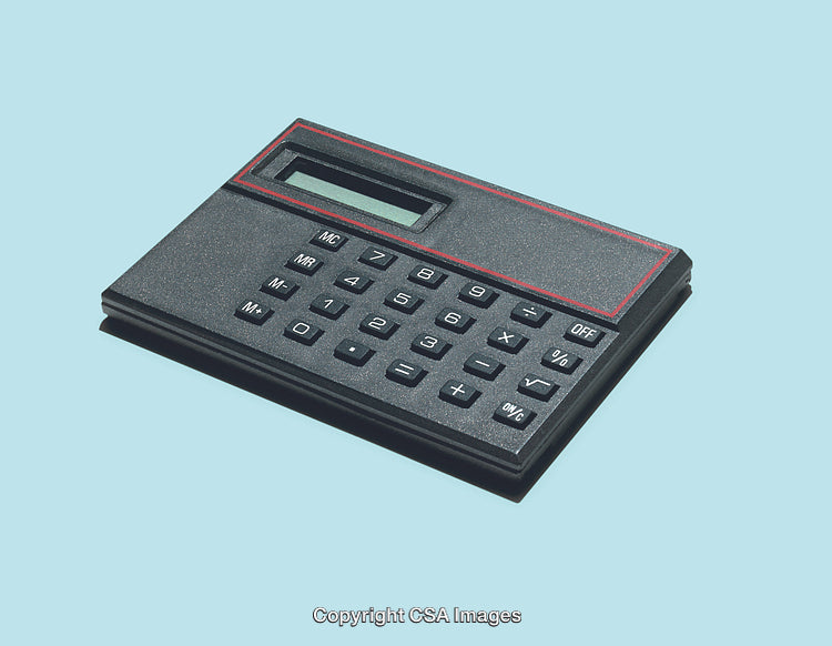 Black Calculator on Light Blue Background with Red Accent Line Design