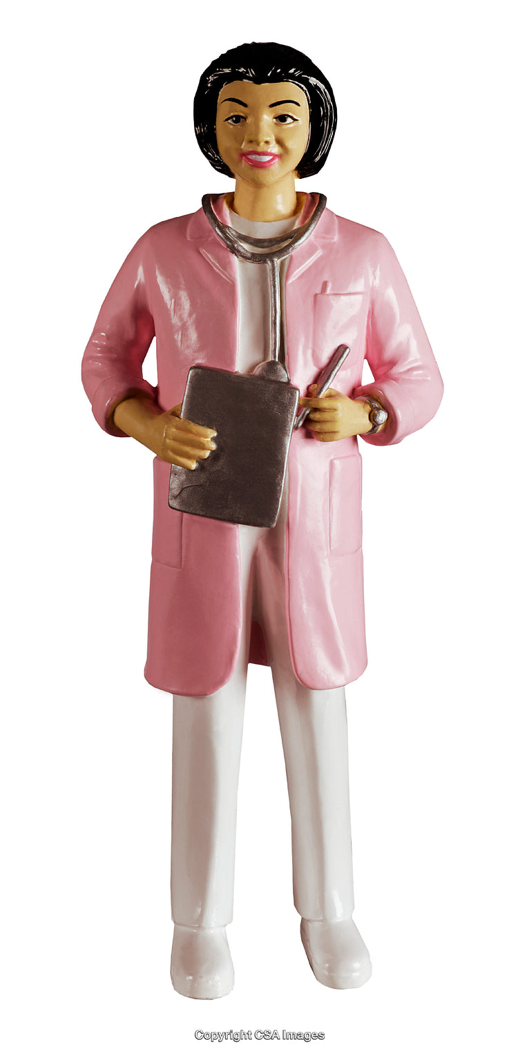 Plastic Figurine of Female Doctor Holding Clipboard and Wearing Pink Coat