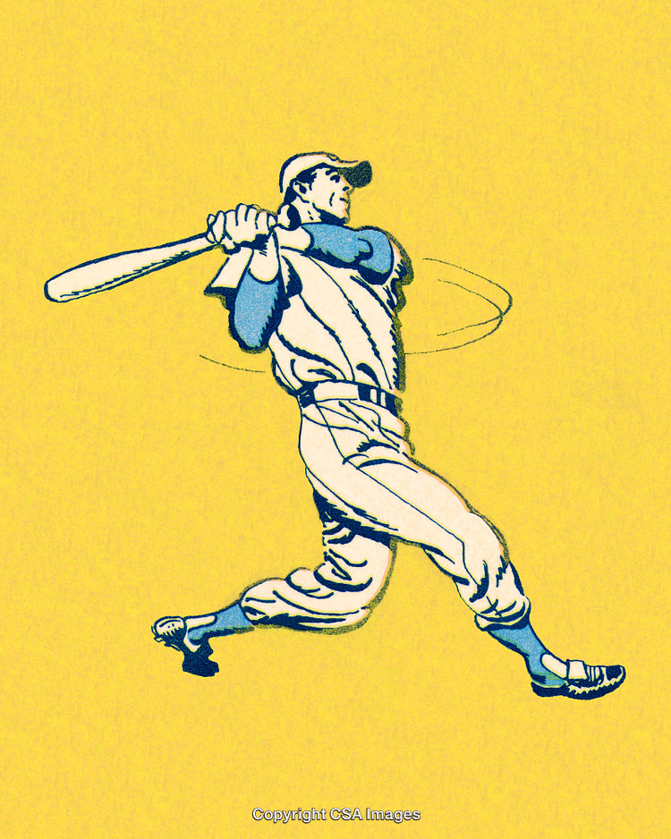 Baseball Player Swinging Bat in Vintage Art Style on Solid Yellow