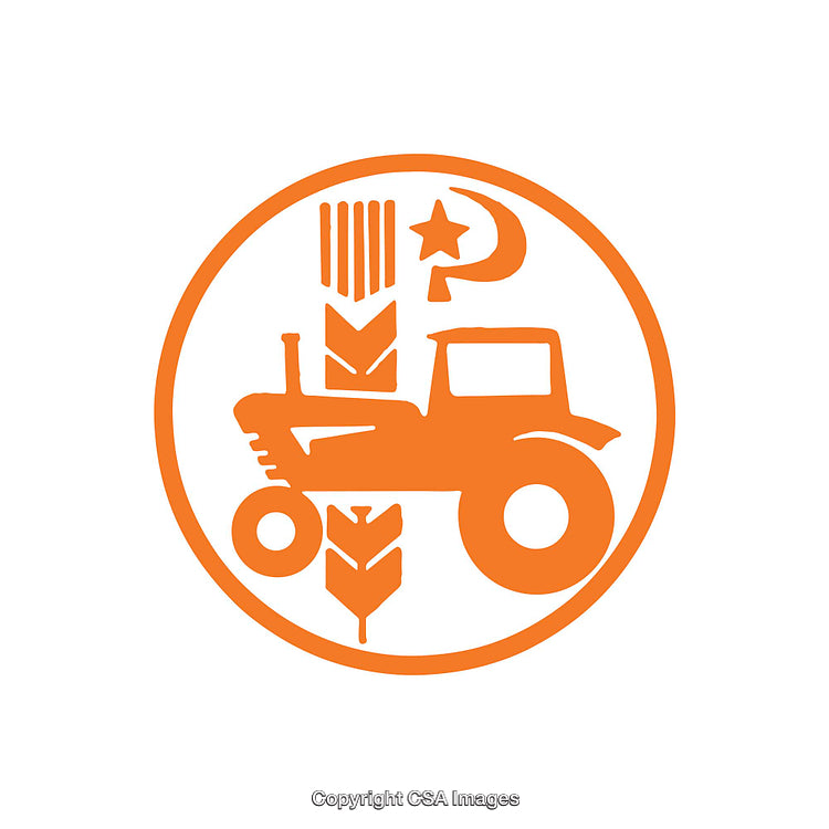 Agricultural Icon Featuring Tractor, Wheat, and Crescent Design in Orange