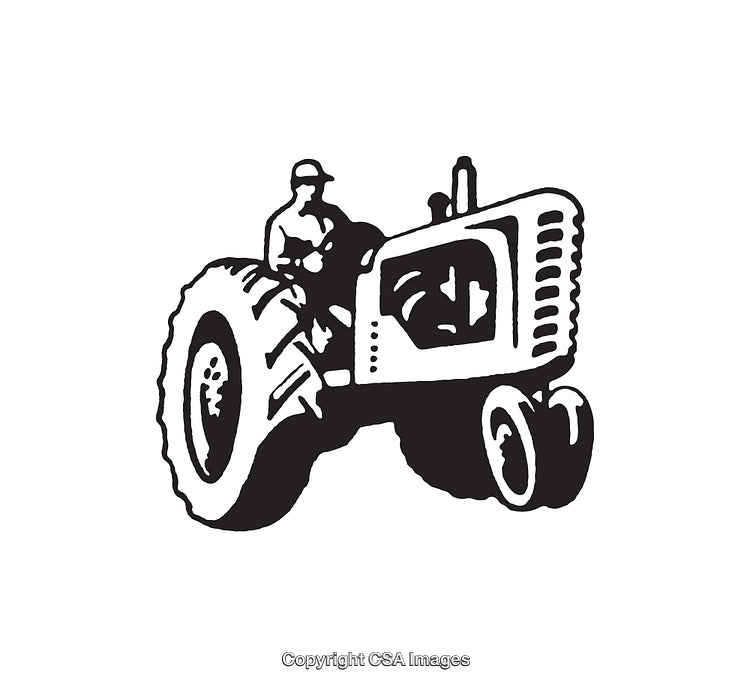 Black and White Line Art of a Farmer Riding a Tractor