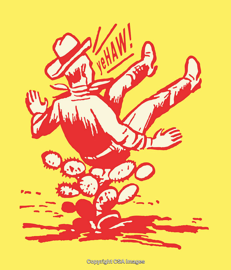 Vintage Style Cowboy Illustration with Cactus and Exclamation