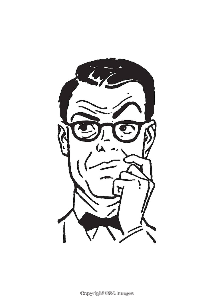 Black and White Line Art of a Thoughtful Man in Glasses