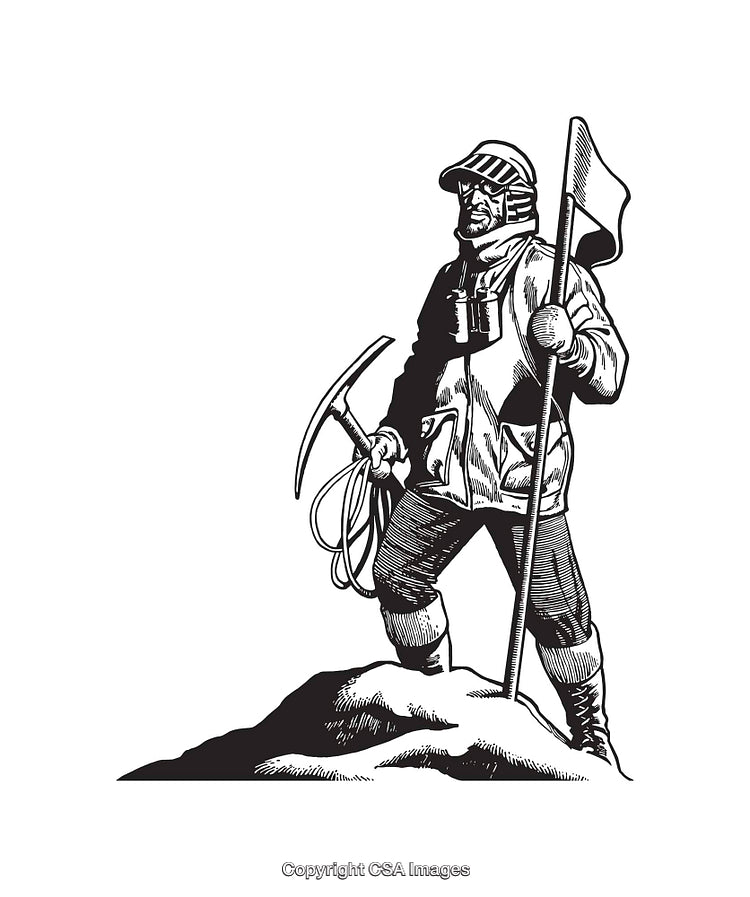Black and White Line Art of a Mountaineer on a Summit Holding a Flag