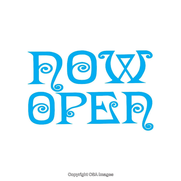 Decorative "Now Open" Text in Artistic Blue Font on White Background