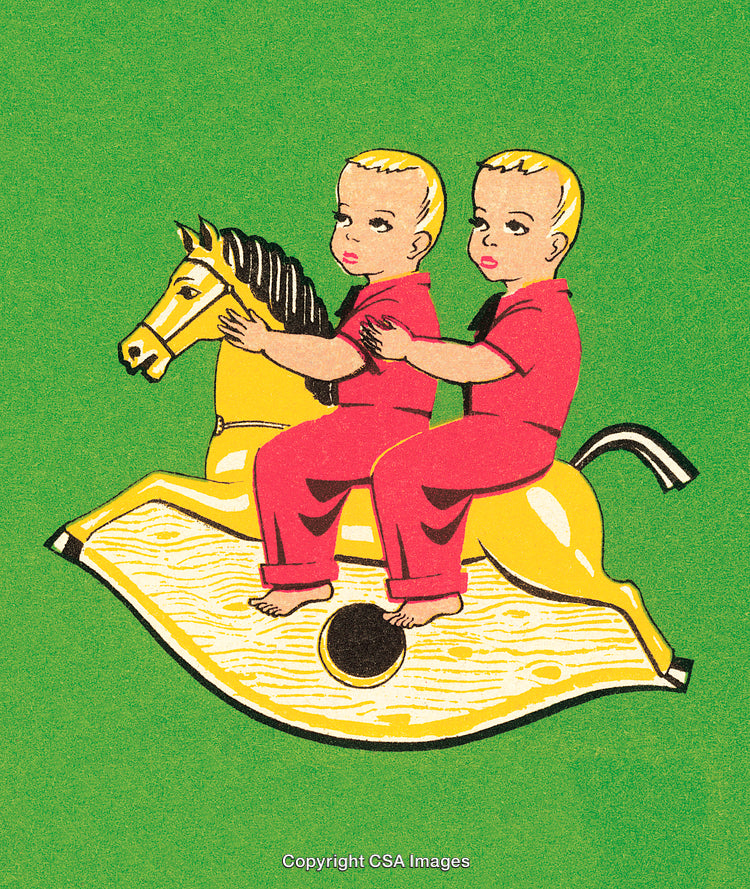 Vintage Style Illustration of Two Children on a Rocking Horse Toy