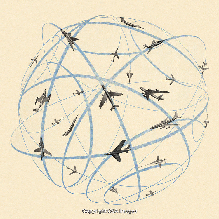Illustration of Global Aviation Concepts with Diverse Airplanes Encircling a World Sphere