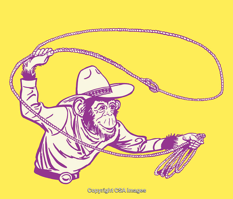 Whimsical Purple Cowboy Monkey Illustration on Bright Yellow Background