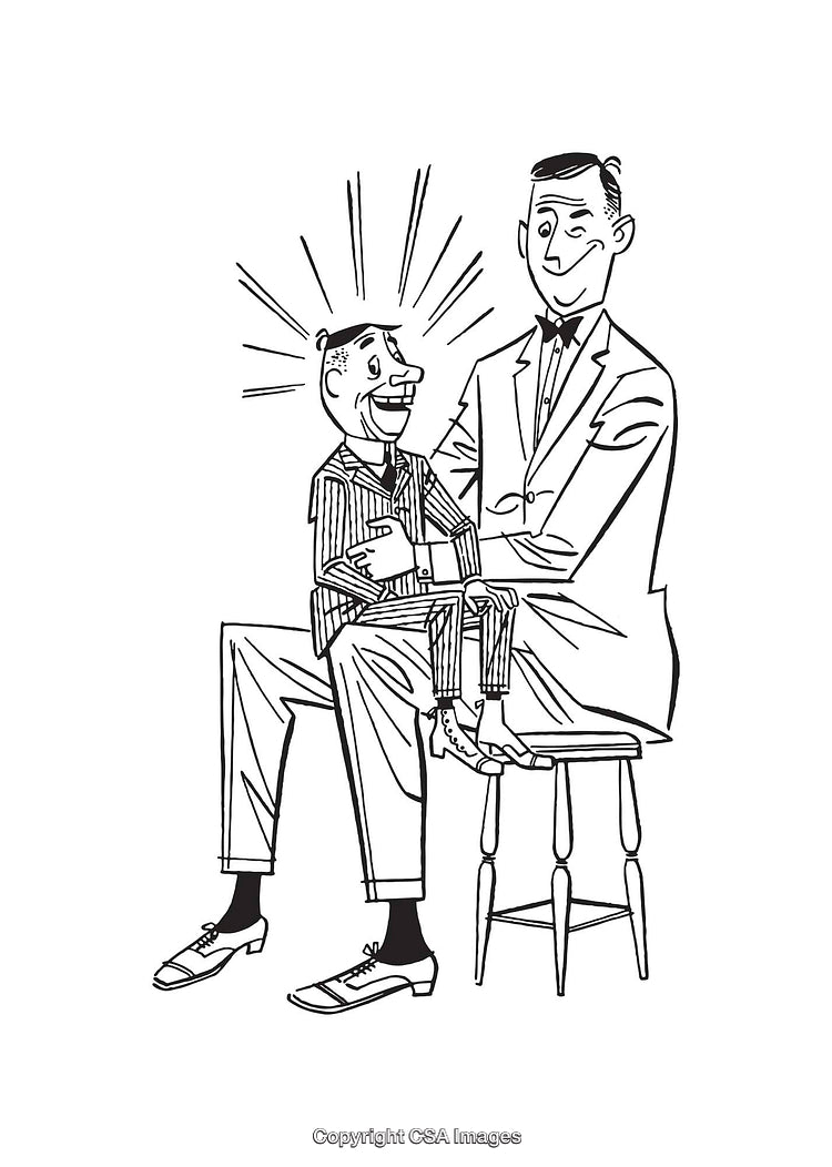Vintage Black and White Illustration of a Ventriloquist and Puppet