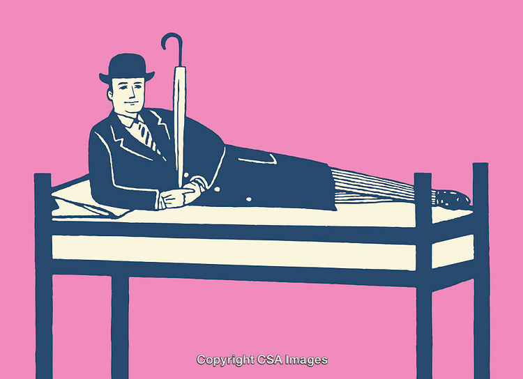 Stylized Illustration of a Gentleman Reclining on a Bed with Umbrella