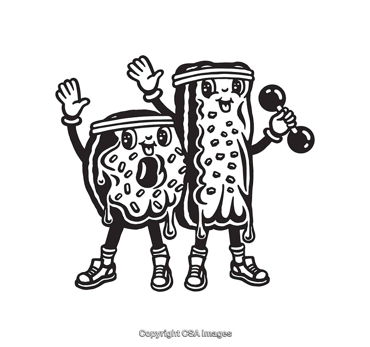 Humorous Black and White Drawing of Anthropomorphic Food Exercising