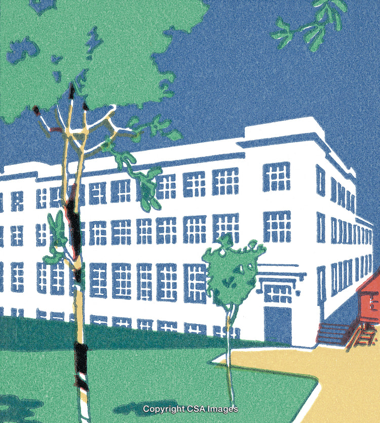 Illustration of a White Building Surrounded by Trees and a Sunny Pathway
