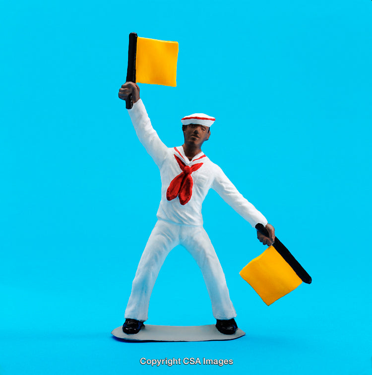 Plastic Toy Sailor Holding Flags on Bright Blue Background
