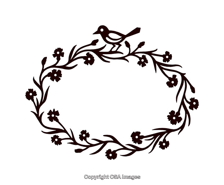 Decorative Floral Wreath Illustration with Bird in Monochrome Style
