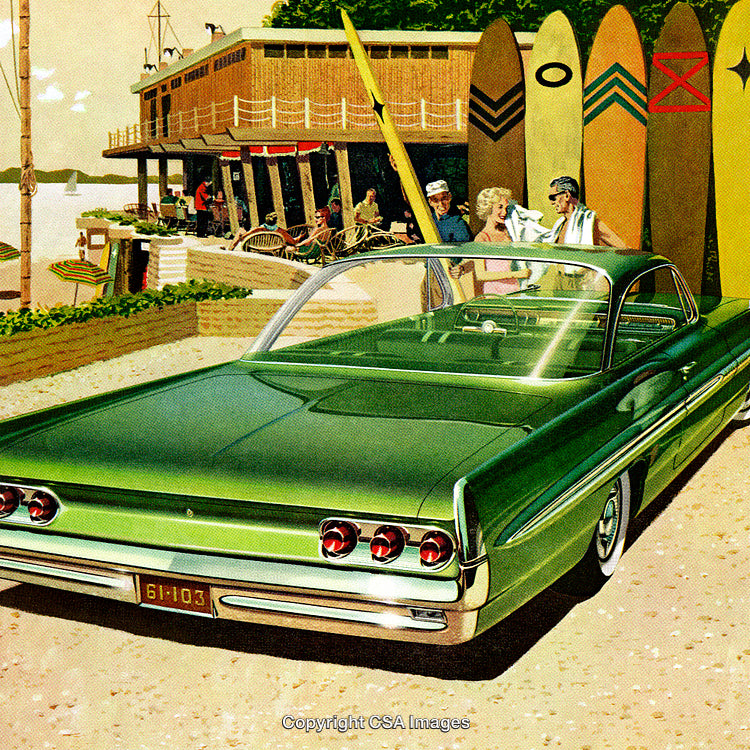 Classic Green Car at Surfboards by a Sunny Beach Shack