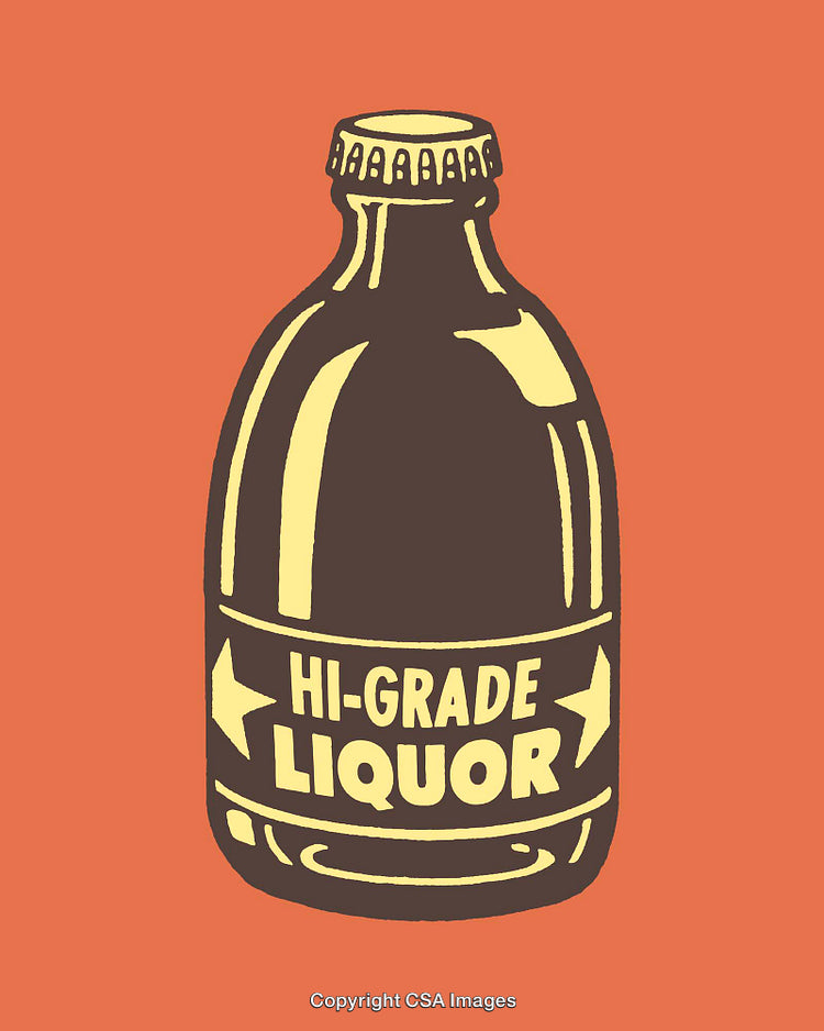 Retro Styled Line Art Illustration of a Liquor Bottle on Bold Backdrop