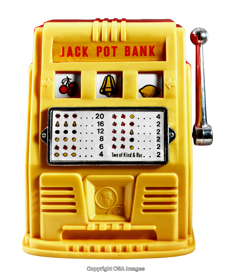 Vintage Yellow Plastic Slot Machine Toy With Jackpot Design