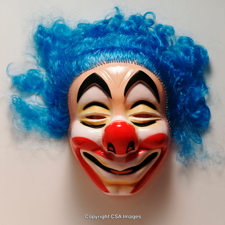 Colorful Clown Mask With Blue Hair and Prominent Features