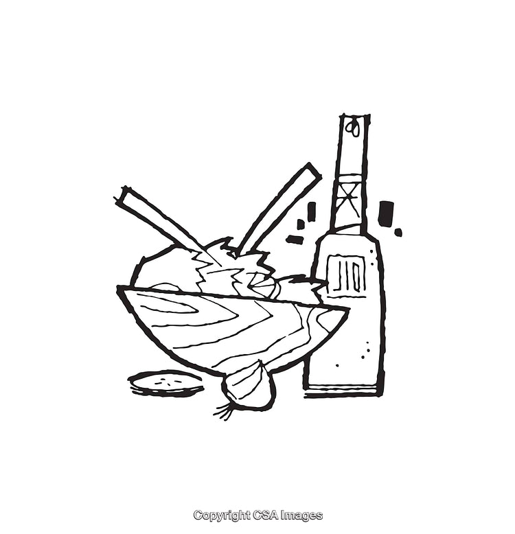 Black and White Line Illustration of Kitchen Utensils with a Bottle