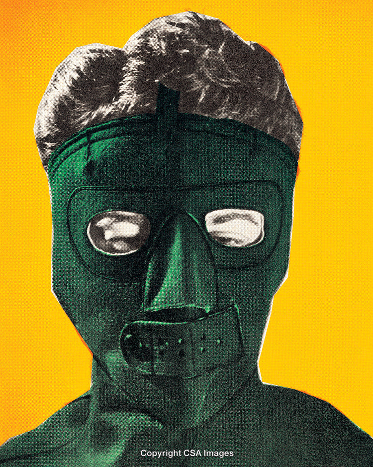 Stylized Portrait of a Green Masked Figure with Vibrant Yellow Background