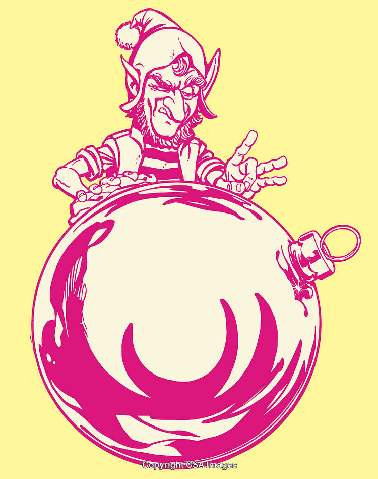 Festive Elf with Oversized Christmas Ornament in Colorful Line Art Style