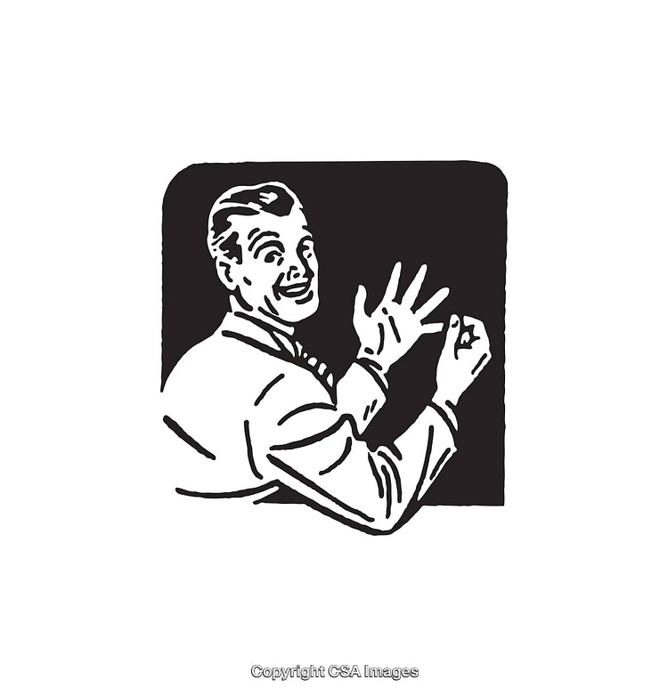 Retro Black and White Illustration of a Smiling Man Showing Enthusiastic Gesture