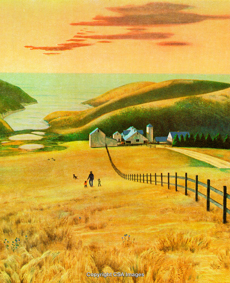 Idyllic Farmland Scene with Family, Rolling Fields, and Ocean View at Sunset