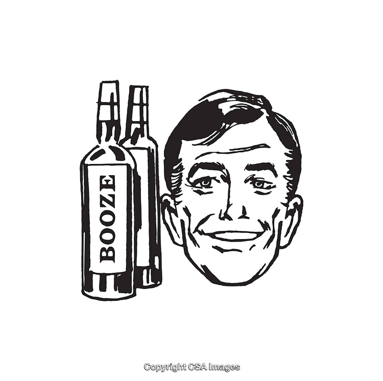 Retro Black and White Illustration of a Smiling Man with Beverage Bottles