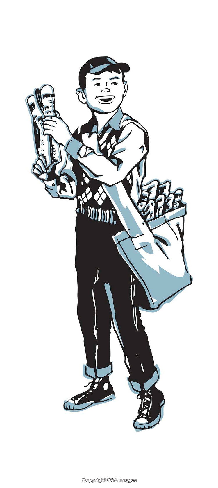 Vintage Newspaper Delivery Boy Illustration in Black and White Style