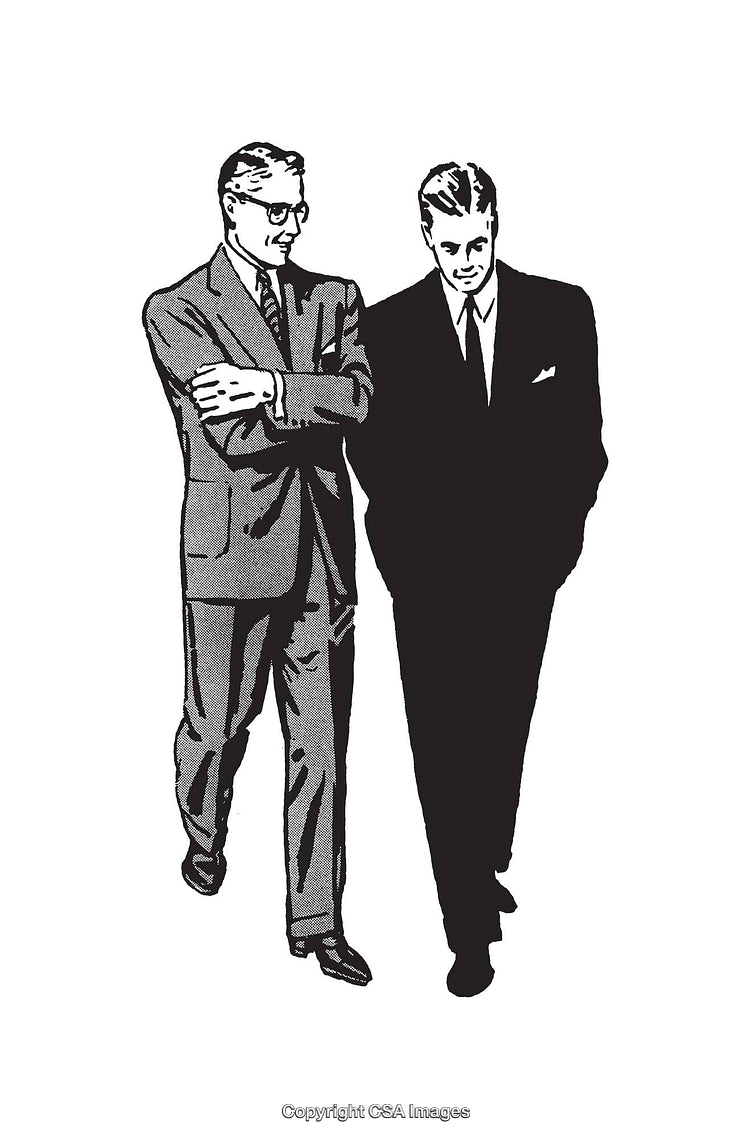 Retro Styled Illustration of Two Businessmen Walking in Conversation