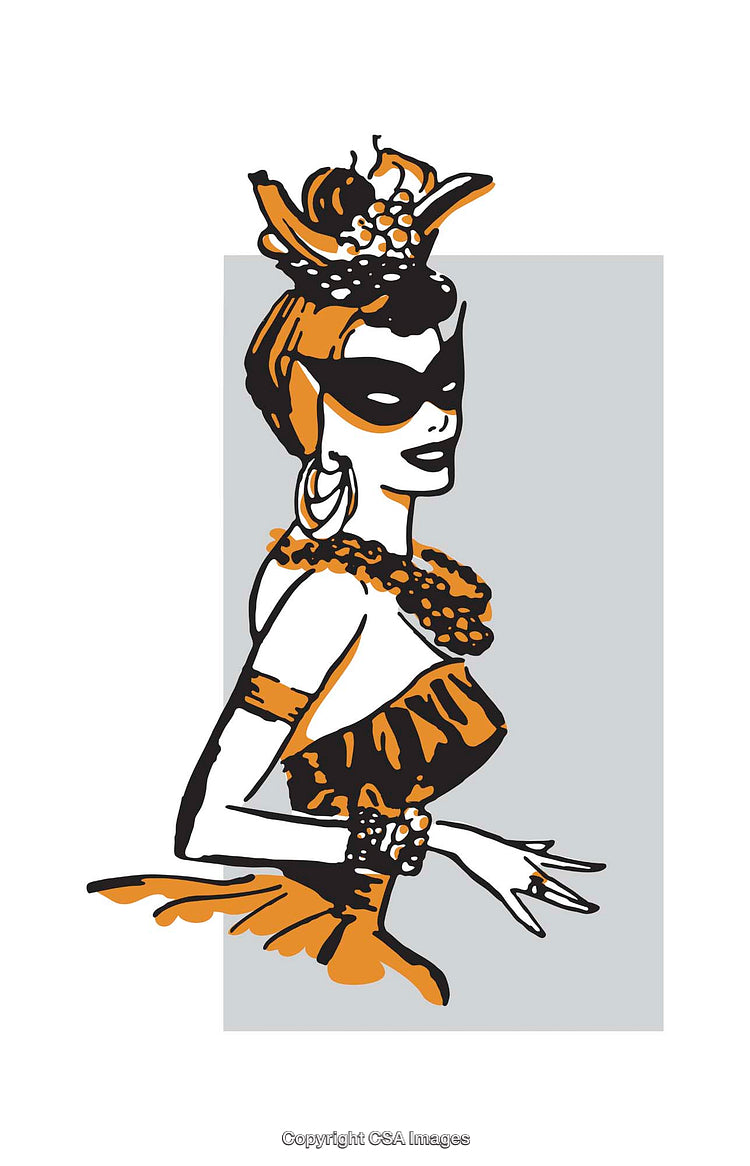 Elegant Illustration of Glamorous Woman in Mask and Decorative Outfit