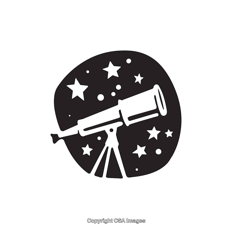 Black and White Telescope Icon with Stars in the Night Sky
