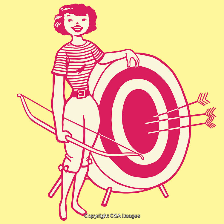Vintage Style Illustration of a Female Archer with Bow and Target