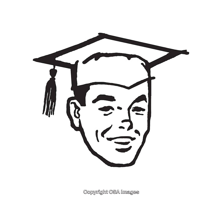Retro Black And White Illustration of Graduate Face With Graduation Cap