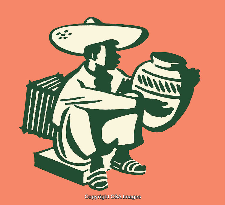 Illustration of a Figure Holding a Traditional Vessel in Line Art Style