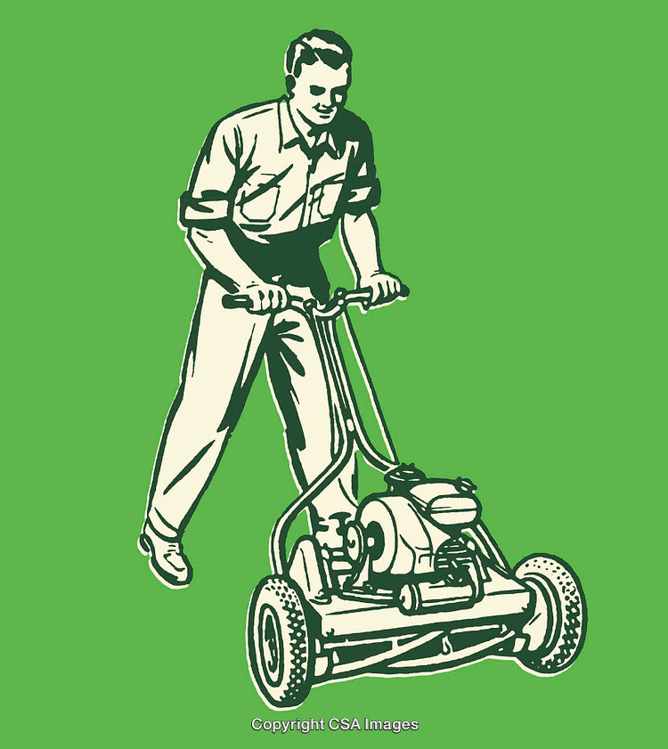 Retro Style Illustration of a Man Pushing a Manual Lawn Mower