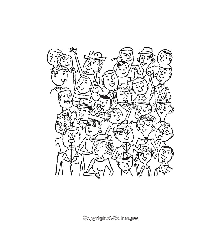 Black and White Line Art of a Happy Group of People