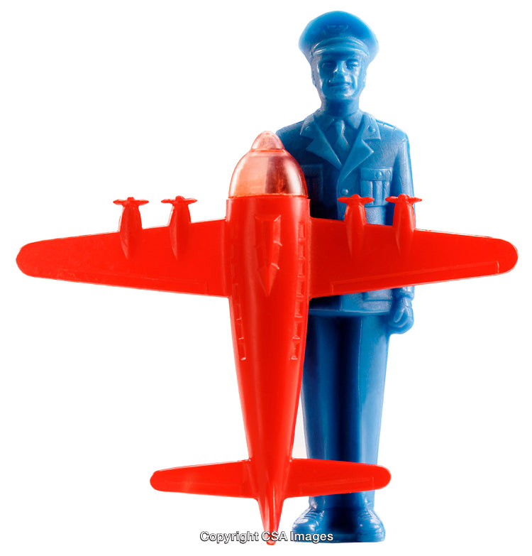 Red Airplane and Blue Pilot Plastic Toys Isolated on White Background