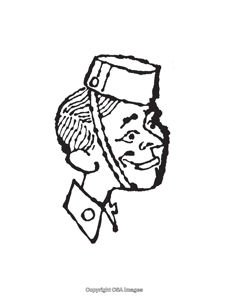 Retro Line Art Illustration of a Smiling Uniformed Character