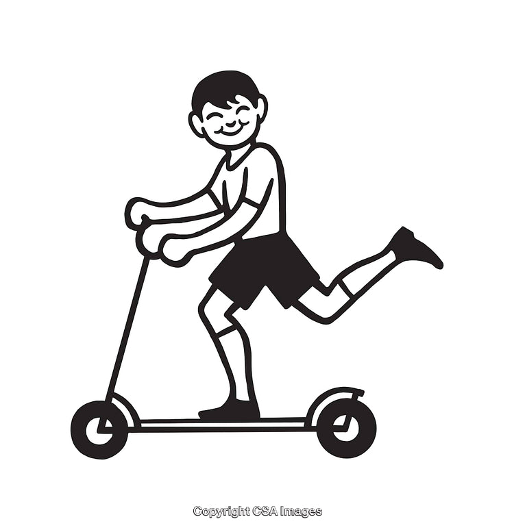 Black and White Line Art of a Child Riding a Kick Scooter