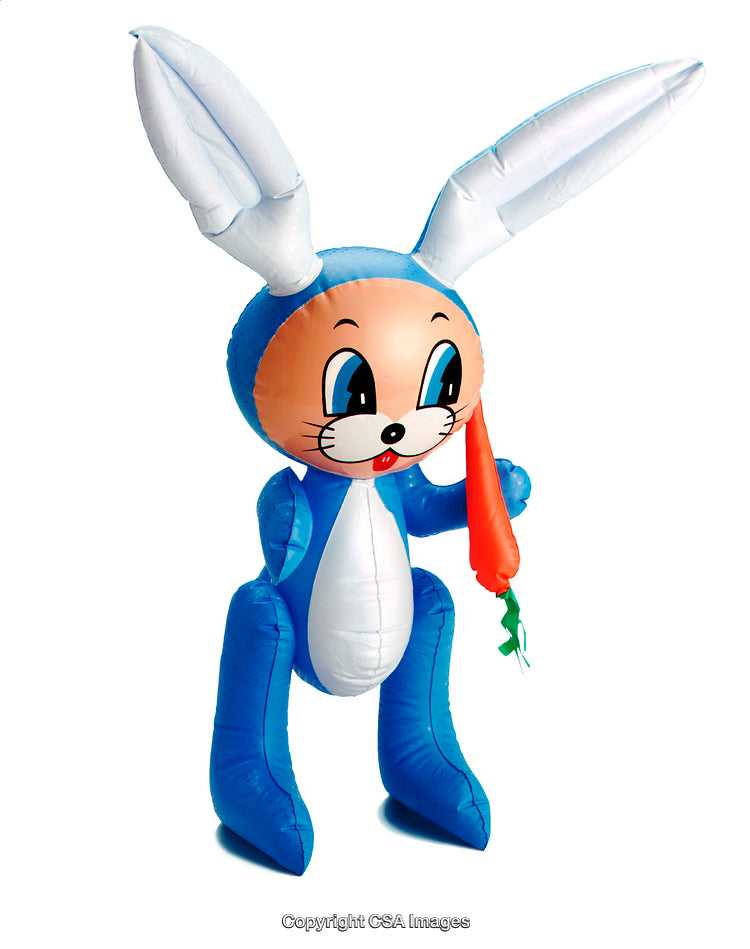 Blue Inflatable Bunny Toy Holding a Carrot on White Background