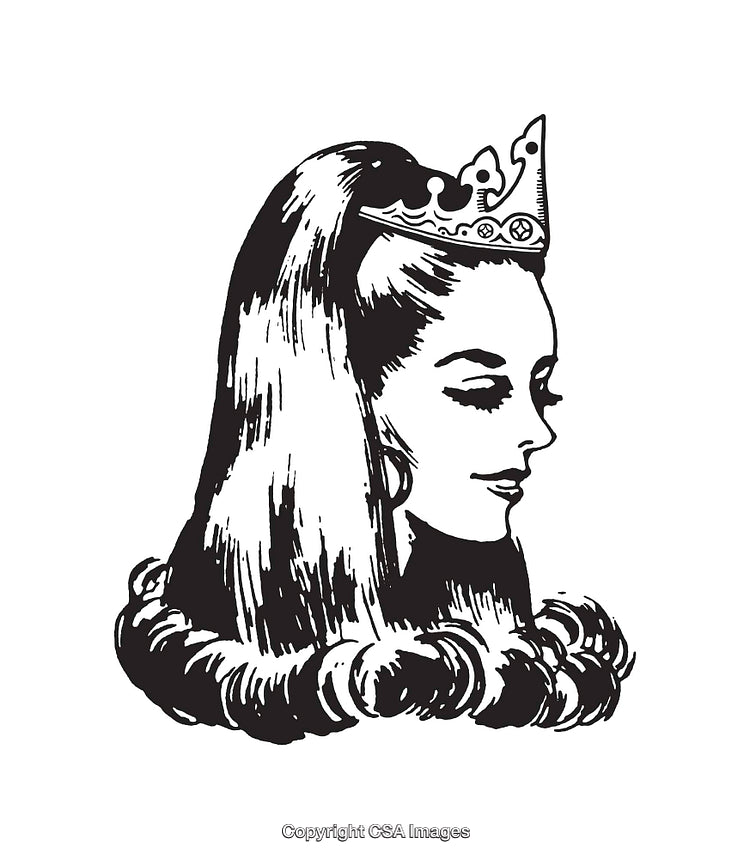 Black and White Illustration of a Crowned Female in Profile View